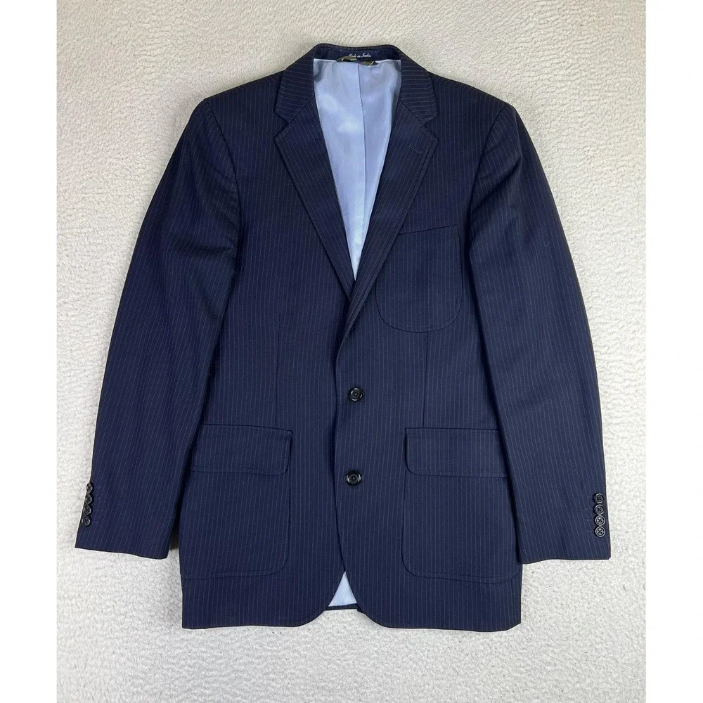 Lands' End Blazer Mens 38R Blue Pinstripe Wool Tailored Fit Sport Coat 2 Button